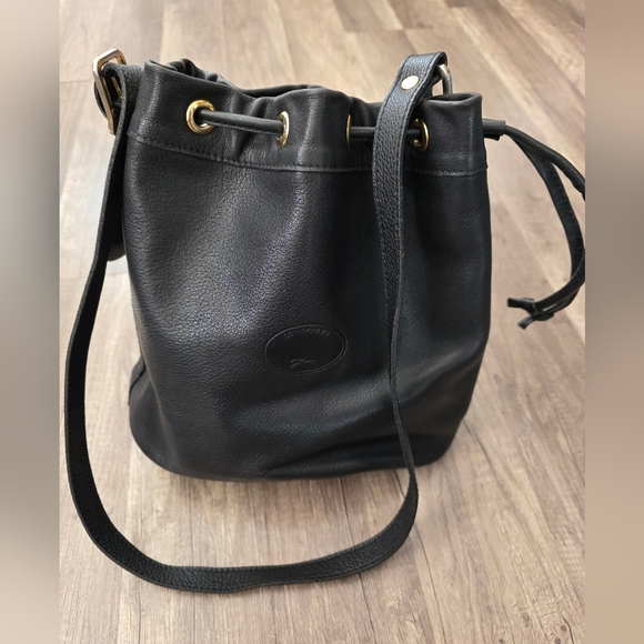 Longchamp Handbags - LONGCHAMP BUCKET BAG Black Leather Drawstring 2000s Vintage Designer Y2K